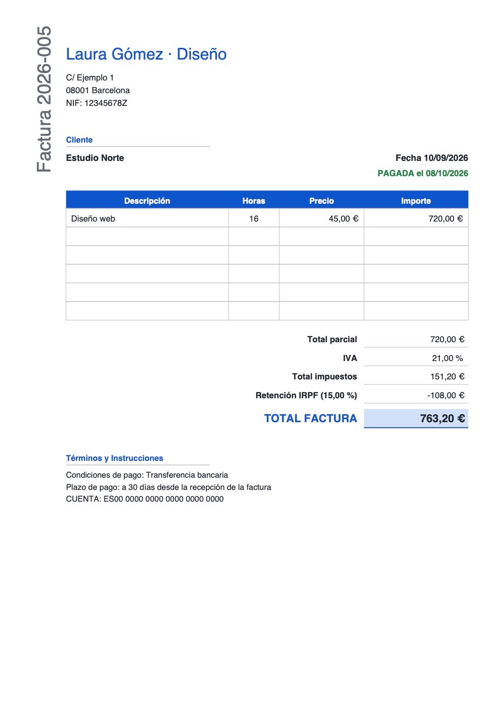 Ejemplo de factura en PDF generada con FactuFactu